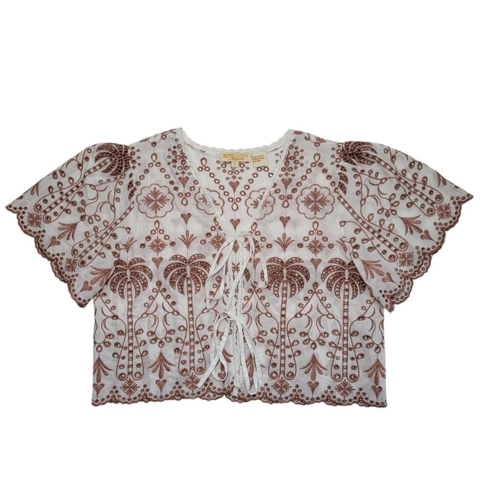 Rebellion Tie Front Eyelet Palm Top Cotton White Brown Large Boho Tropical - Picture 3 of 9